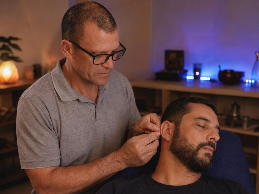 Paulo Sauer realizando auriculoterapia